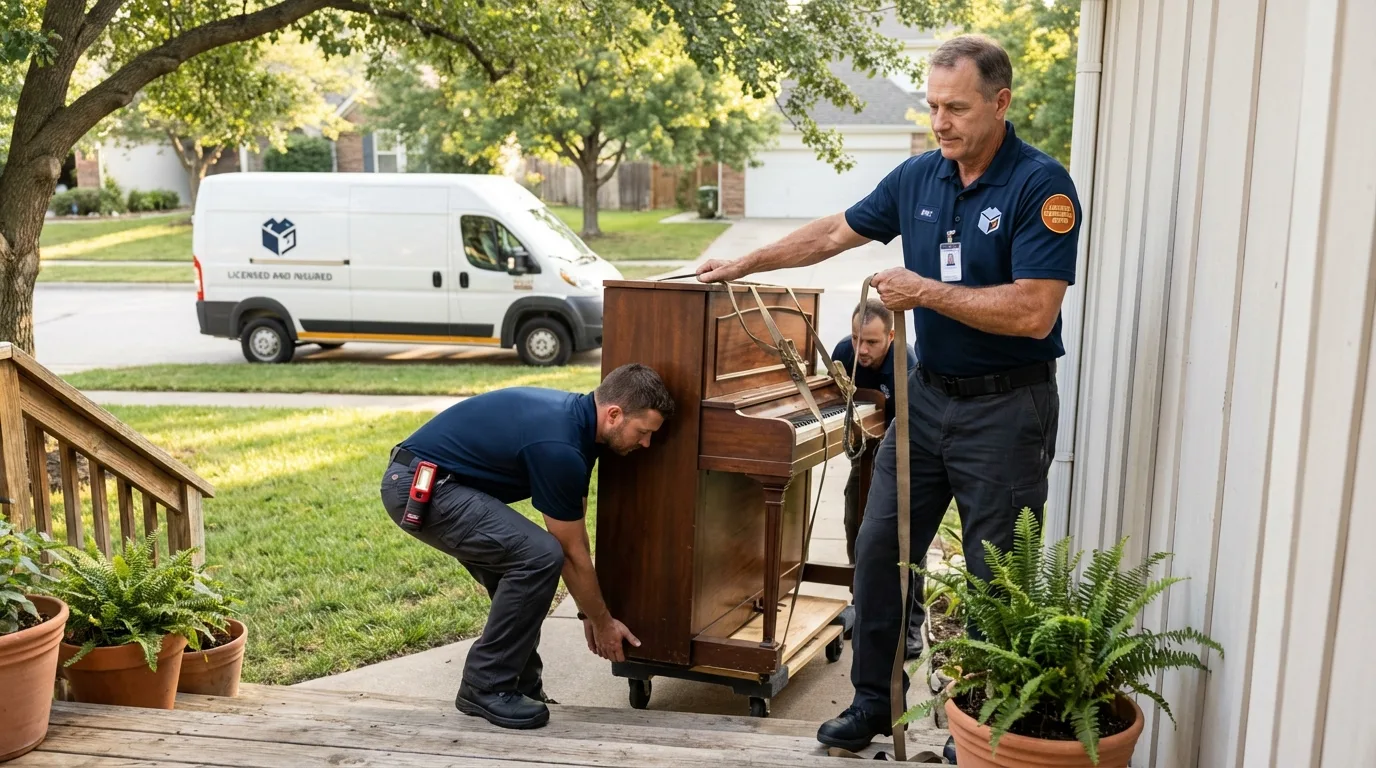 Licensed piano movers securing grand piano in Pinedale, WY
