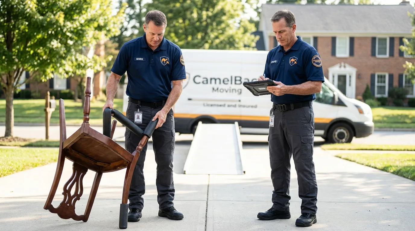 Movers inspecting furniture for damage prevention before loading in Pinedale, WY