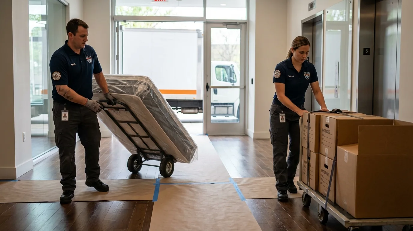 Professional apartment movers loading elevator in Pinedale, WY